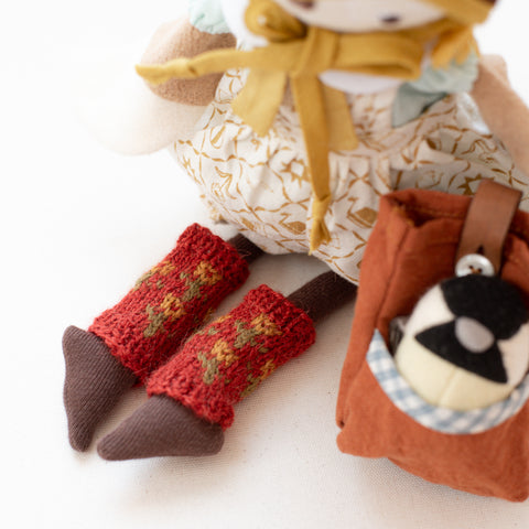 Lucy Owl wearing calendula leg warmers
