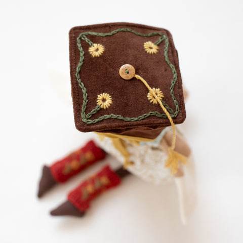 closeup of embroidery on top of thinking cap