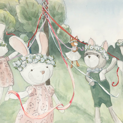 Illustration of Hazel Village animals celebrating May Day